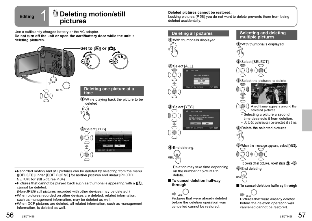 Panasonic SDR-S15 operating instructions Editing 1 Deletingpictures motion/still, Set to or, Deleting one picture at a time 