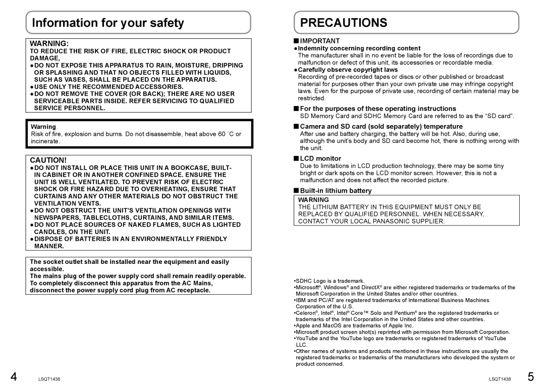 Panasonic SDR-S15 Information for your safety, For the purposes of these operating instructions, LCD monitor 