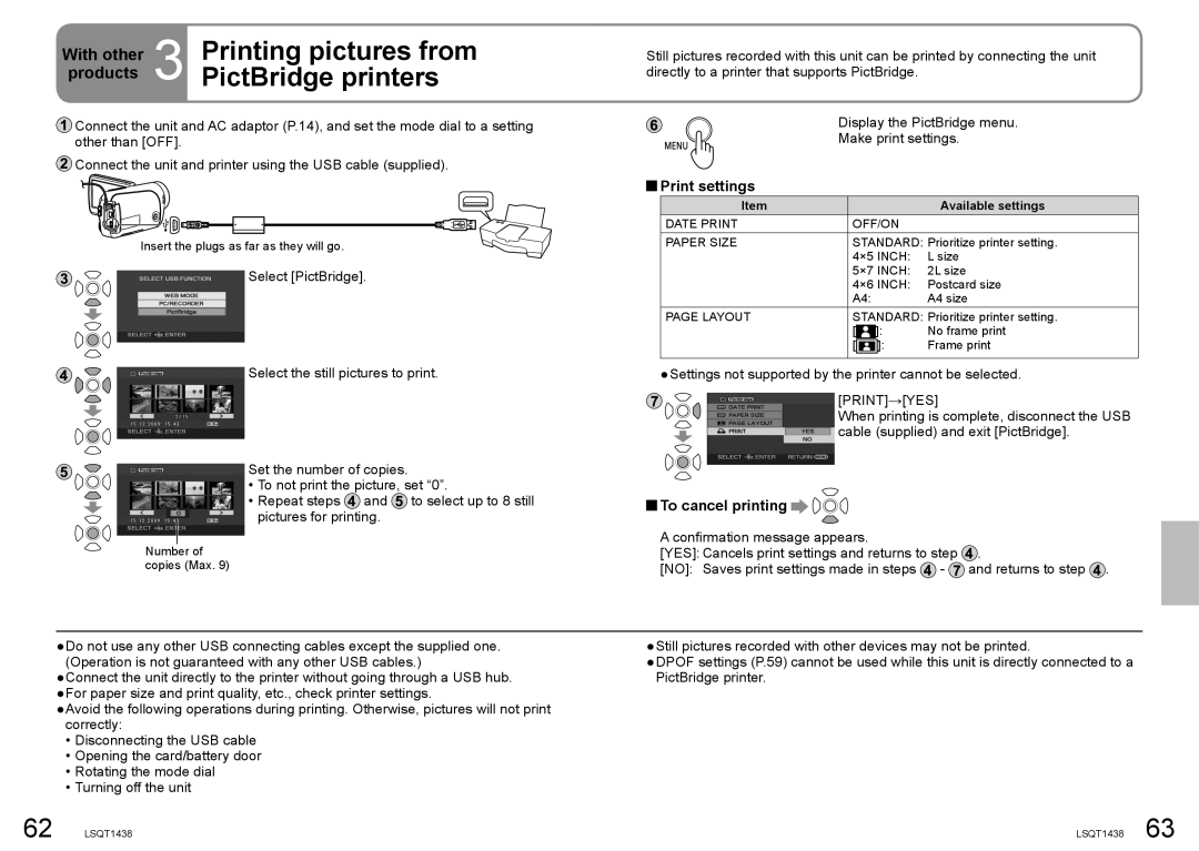 Panasonic SDR-S15 Printing pictures from, PictBridge printers, Print settings, To cancel printing, Print→Yes 