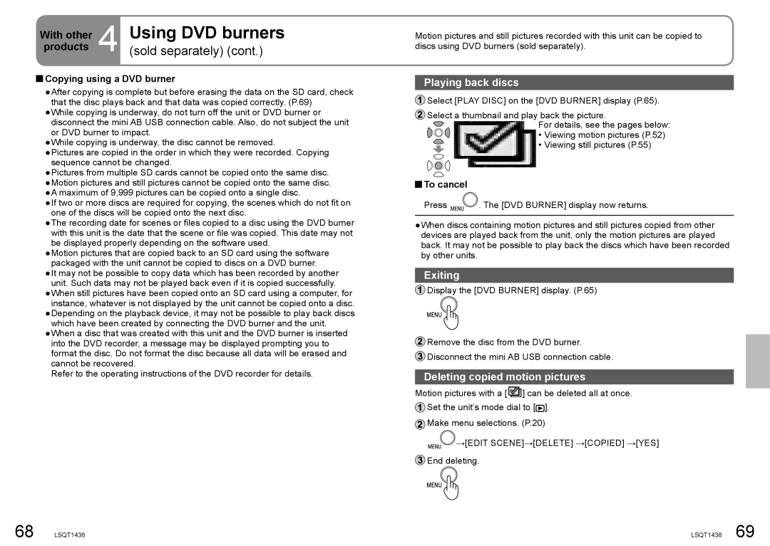 Panasonic SDR-S15 Playing back discs, Exiting, Deleting copied motion pictures, Copying using a DVD burner 