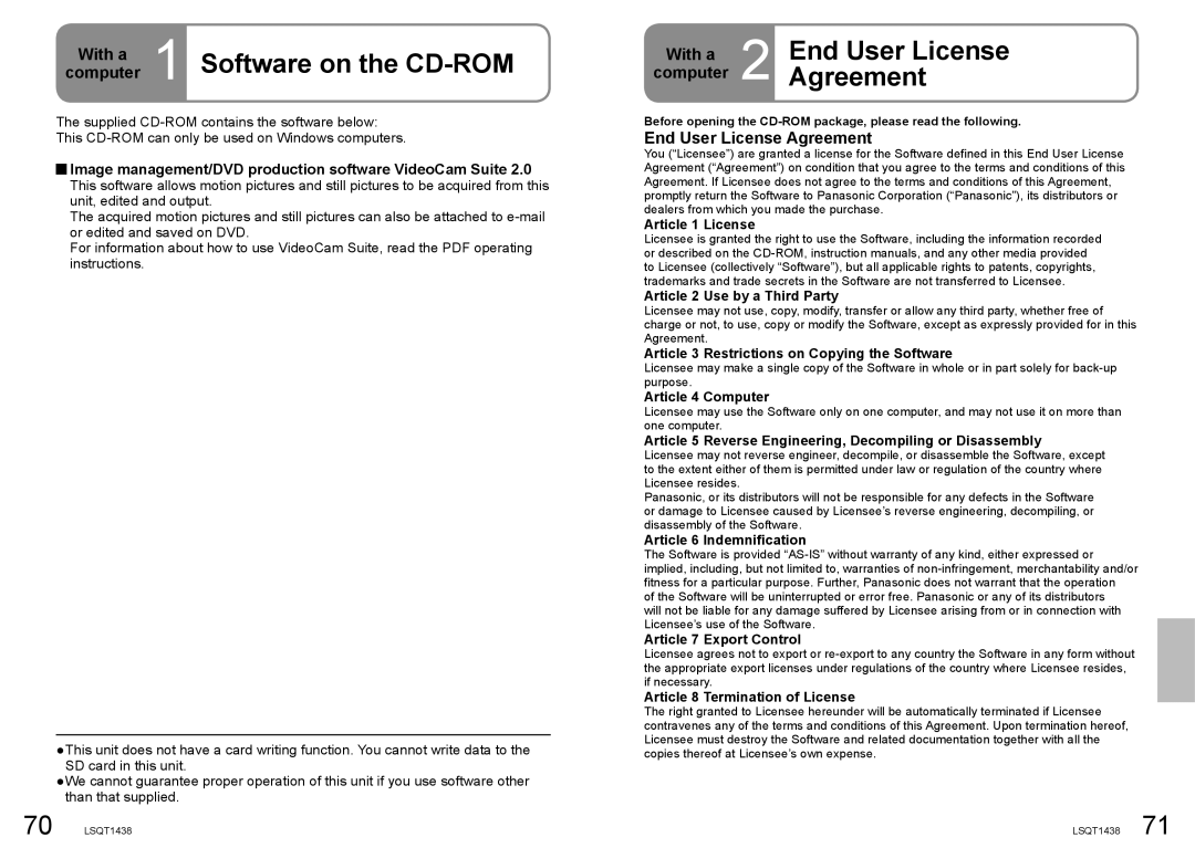 Panasonic SDR-S15 operating instructions Software on the CD-ROM, Computer, End User License Agreement 