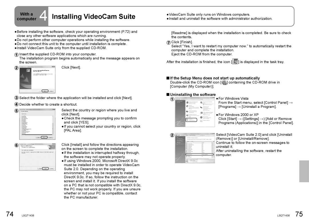 Panasonic SDR-S15 Installing VideoCam Suite, If the Setup Menu does not start up automatically, Uninstalling the software 