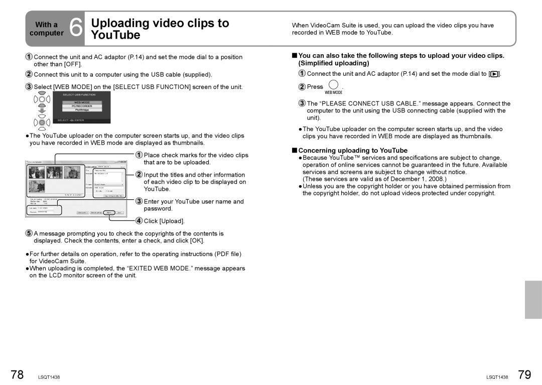 Panasonic SDR-S15 operating instructions Uploading video clips to, Concerning uploading to YouTube 