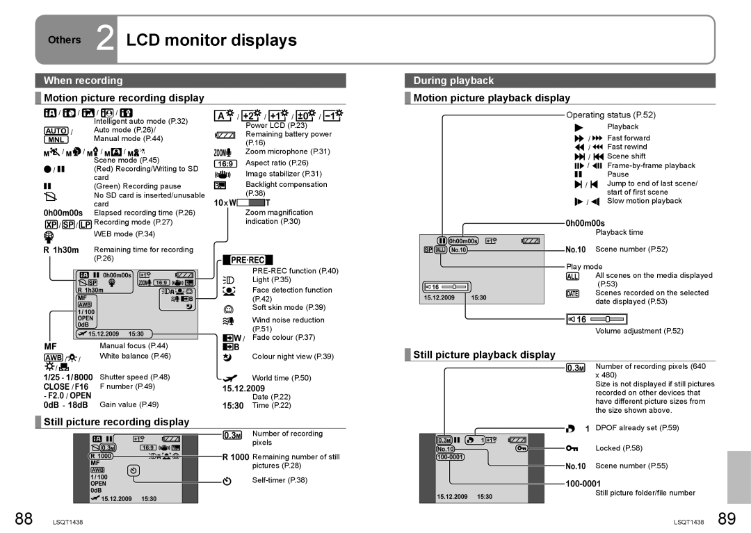 Panasonic SDR-S15 operating instructions Others 2 LCD monitor displays, When recording, During playback 