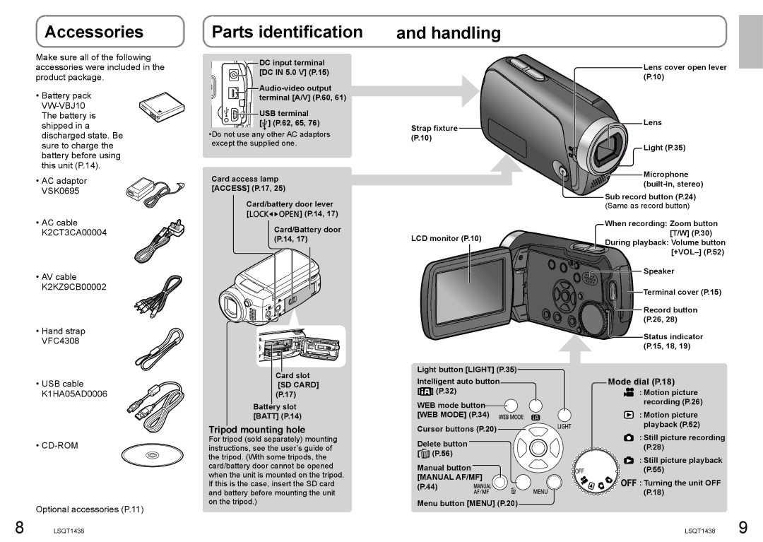 Panasonic SDR-S15 operating instructions Accessories, Parts identification, Handling, Tripod mounting hole, Mode dial P.18 