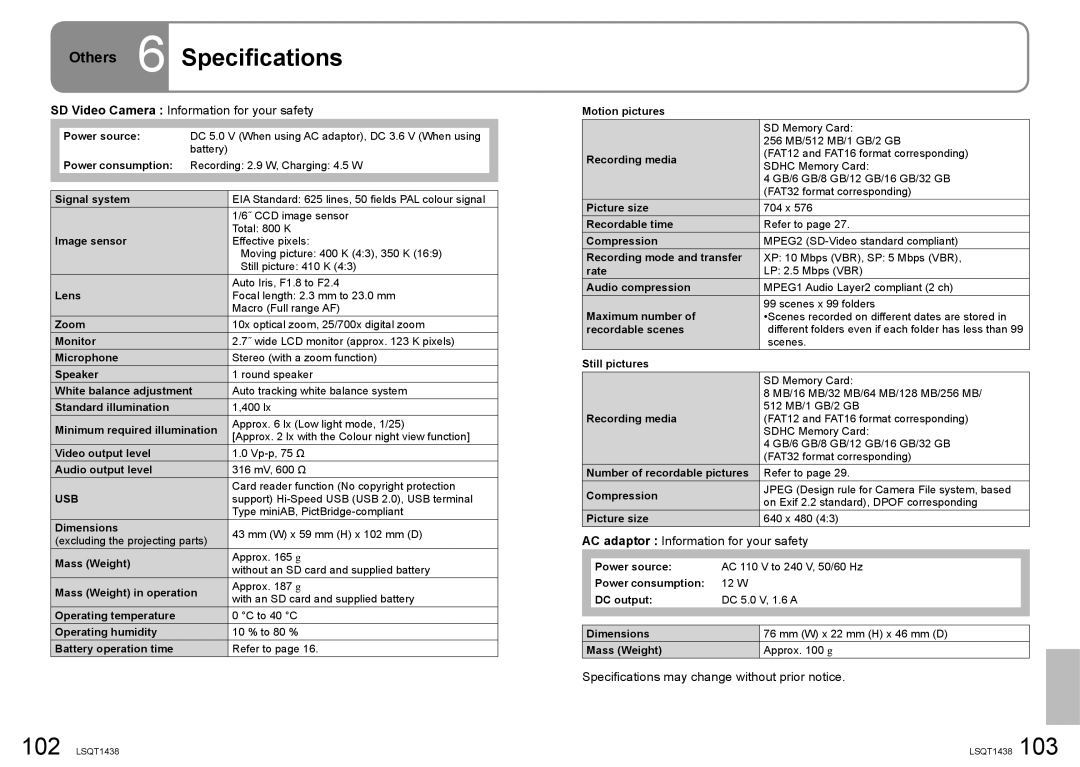 Panasonic SDR-S15 operating instructions Others 6 Specifications, SD Video Camera Information for your safety 