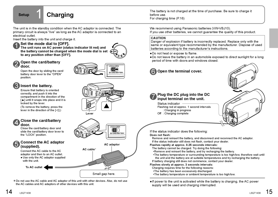 Panasonic SDR-S15 operating instructions Setup 1 Charging 