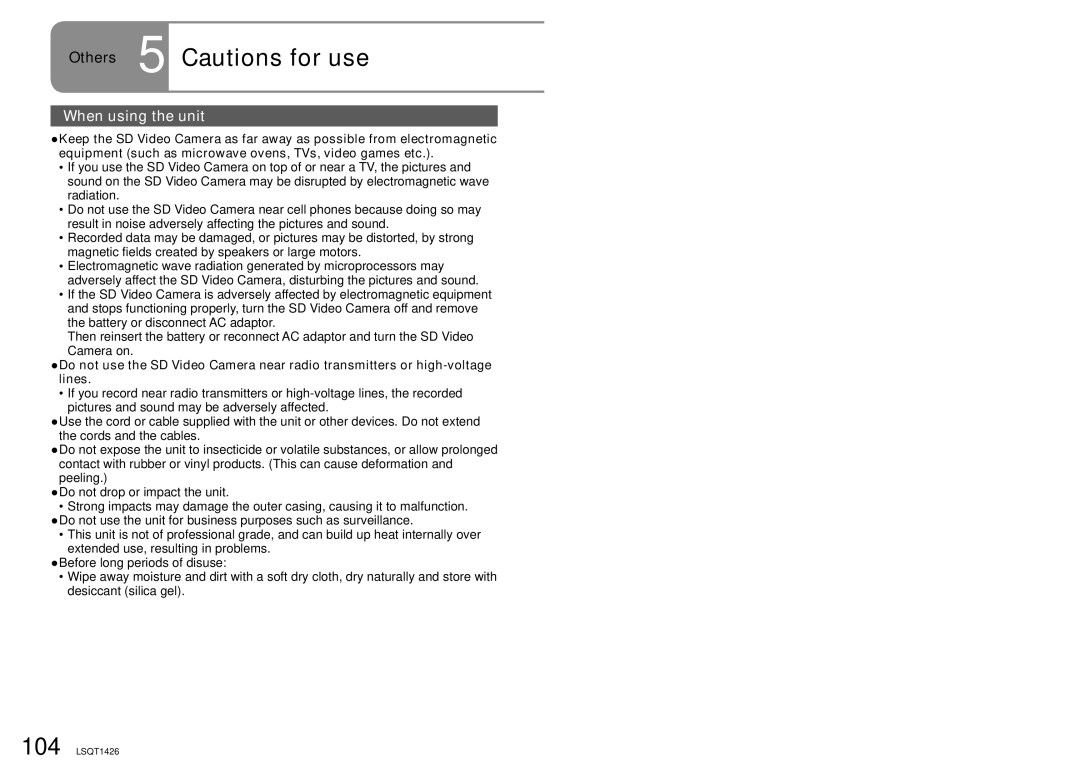 Panasonic SDR-S15PC operating instructions Others 5 Cautions for use, When using the unit 