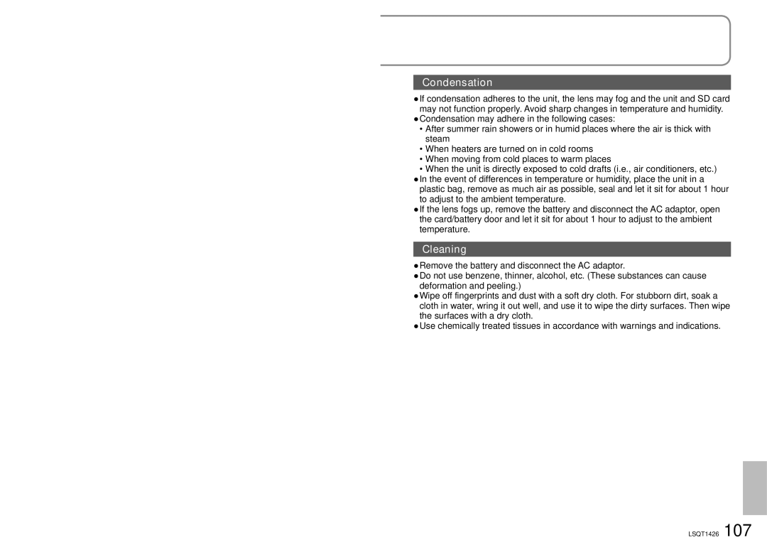 Panasonic SDR-S15PC operating instructions Condensation, Cleaning 