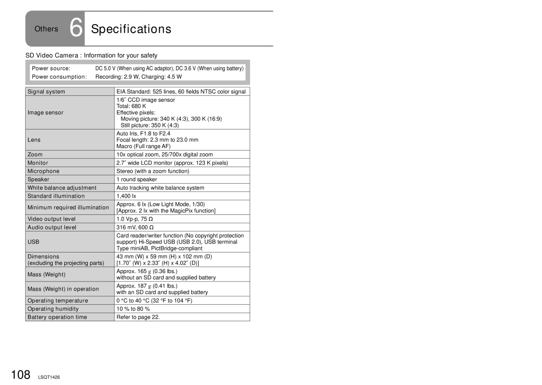 Panasonic SDR-S15PC operating instructions Others 6 Specifications, SD Video Camera Information for your safety 