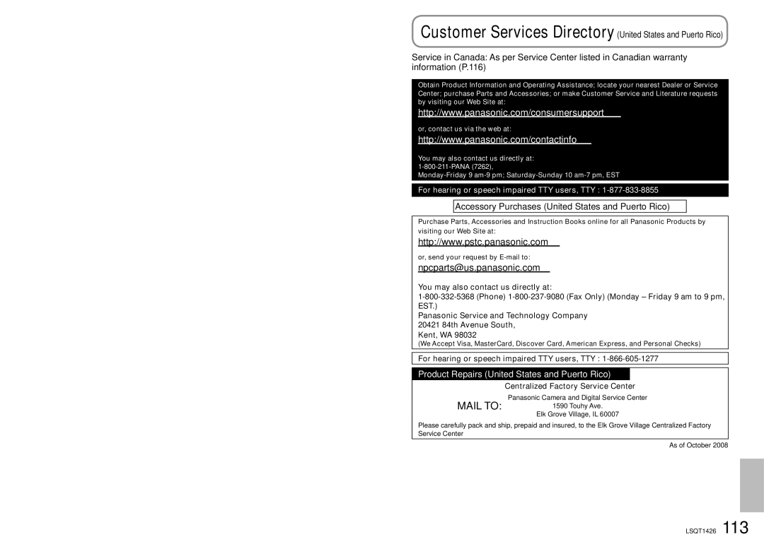 Panasonic SDR-S15PC operating instructions Npcparts@us.panasonic.com 