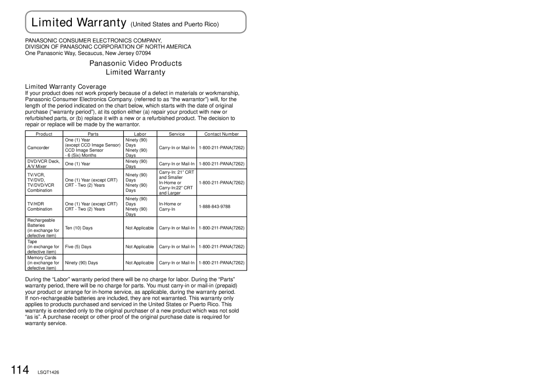 Panasonic SDR-S15PC Panasonic Video Products Limited Warranty, Limited Warranty United States and Puerto Rico 
