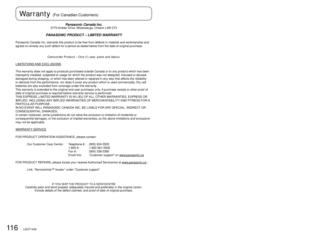 Panasonic SDR-S15PC operating instructions Warranty For Canadian Customers, Panasonic Product Limited Warranty 