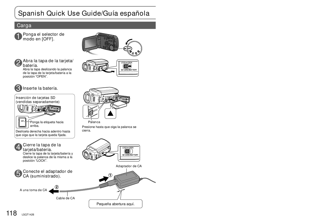 Panasonic SDR-S15P Spanish Quick Use Guide/Guía española, Inserte la batería, Cierre la tapa de la tarjeta/batería 