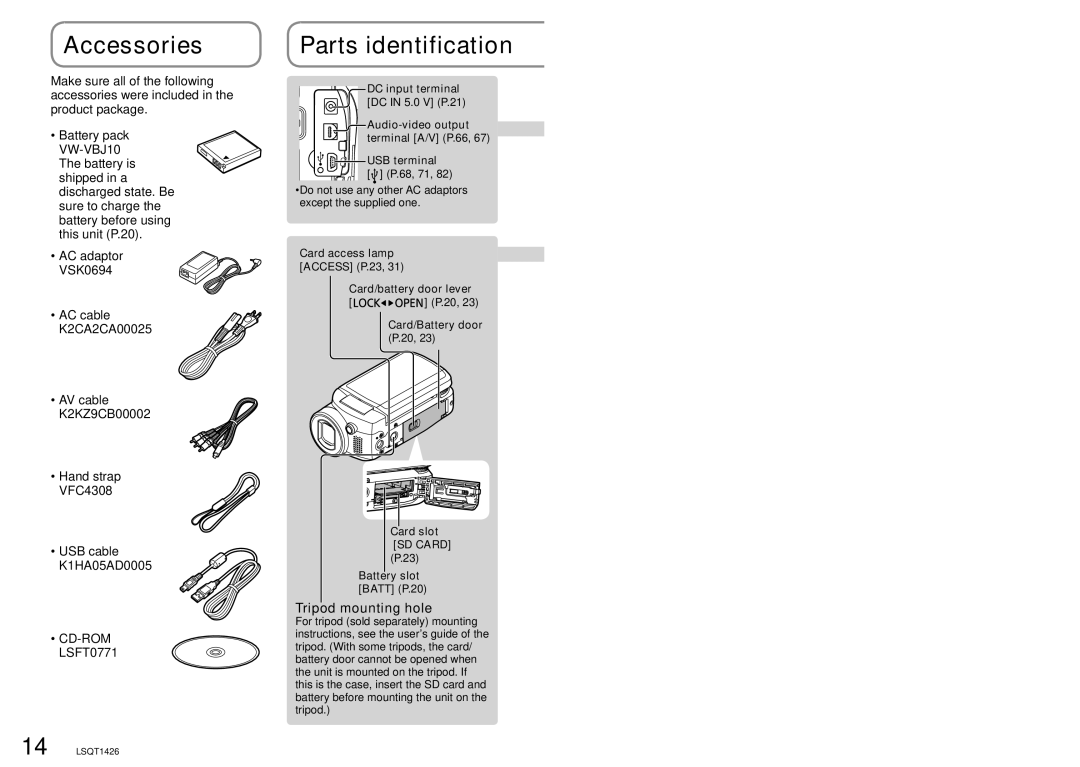 Panasonic SDR-S15PC operating instructions Accessories, Parts identification, Tripod mounting hole, CD-ROM LSFT0771 