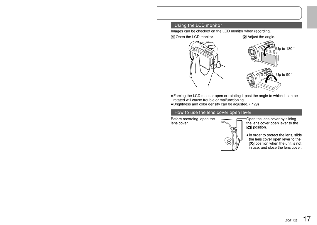 Panasonic SDR-S15PC operating instructions Using the LCD monitor, How to use the lens cover open lever 