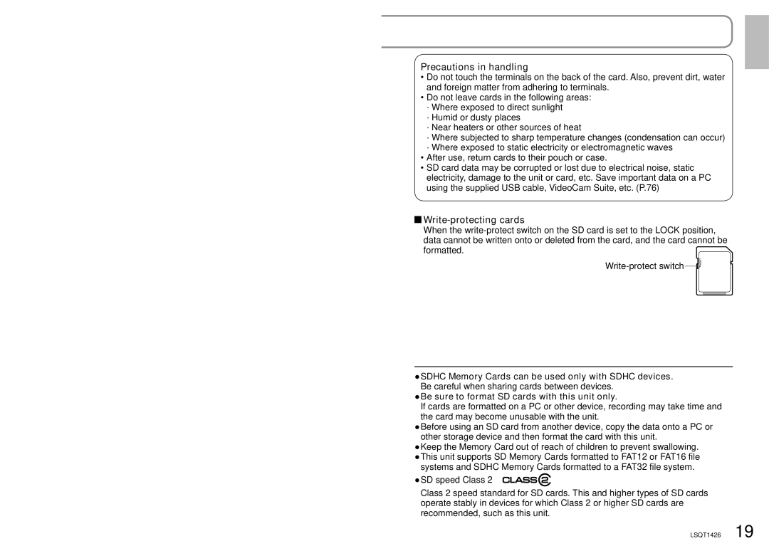 Panasonic SDR-S15PC Precautions in handling, Write-protecting cards, Sdhc Memory Cards can be used only with Sdhc devices 