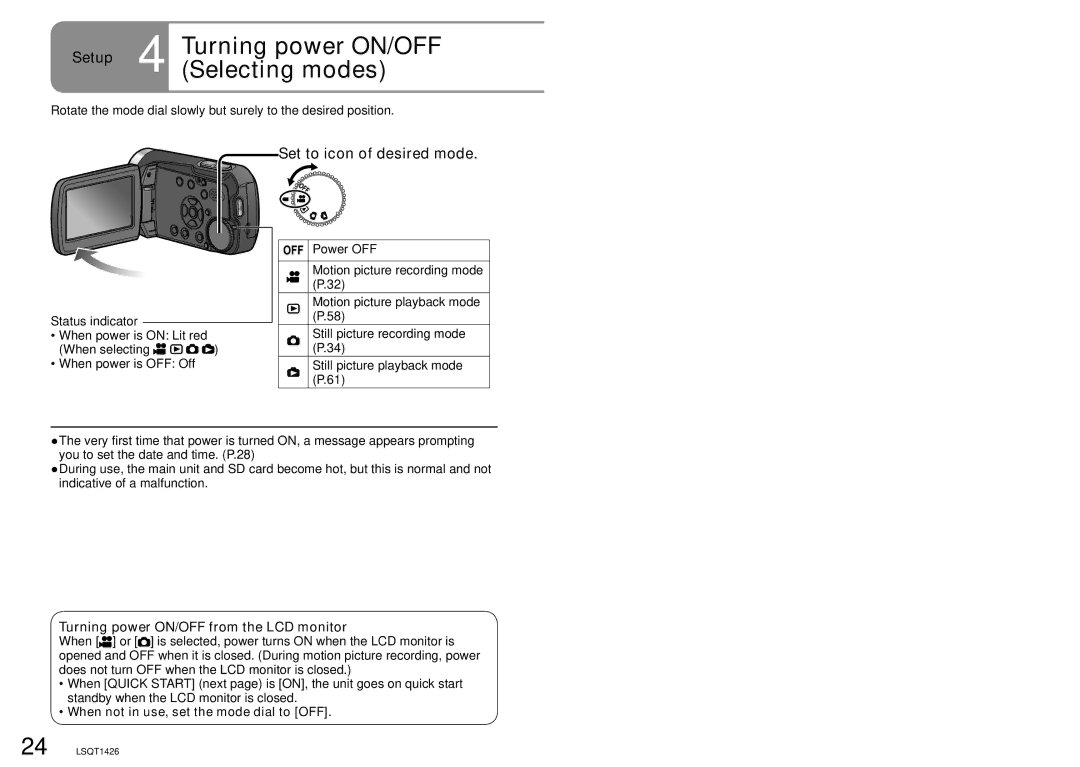 Panasonic SDR-S15PC operating instructions Setup 4 Turning power ON/OFF Selecting modes, Set to icon of desired mode 