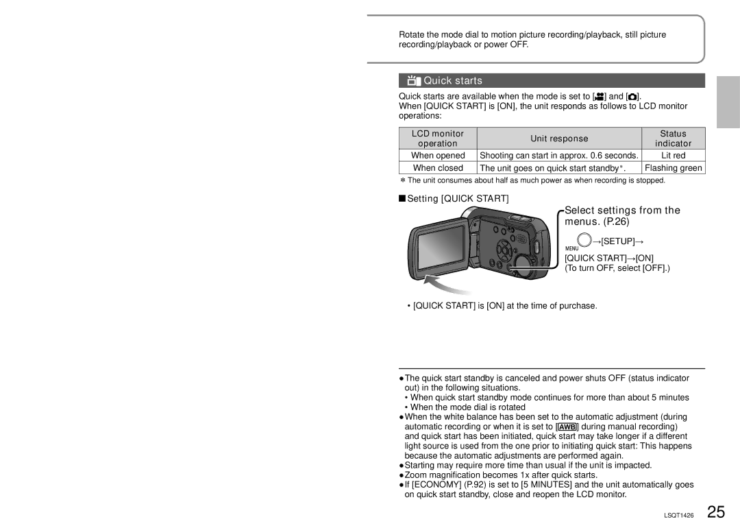 Panasonic SDR-S15PC Quick starts, Select settings from the menus. P.26, Setting Quick Start, Indicator 