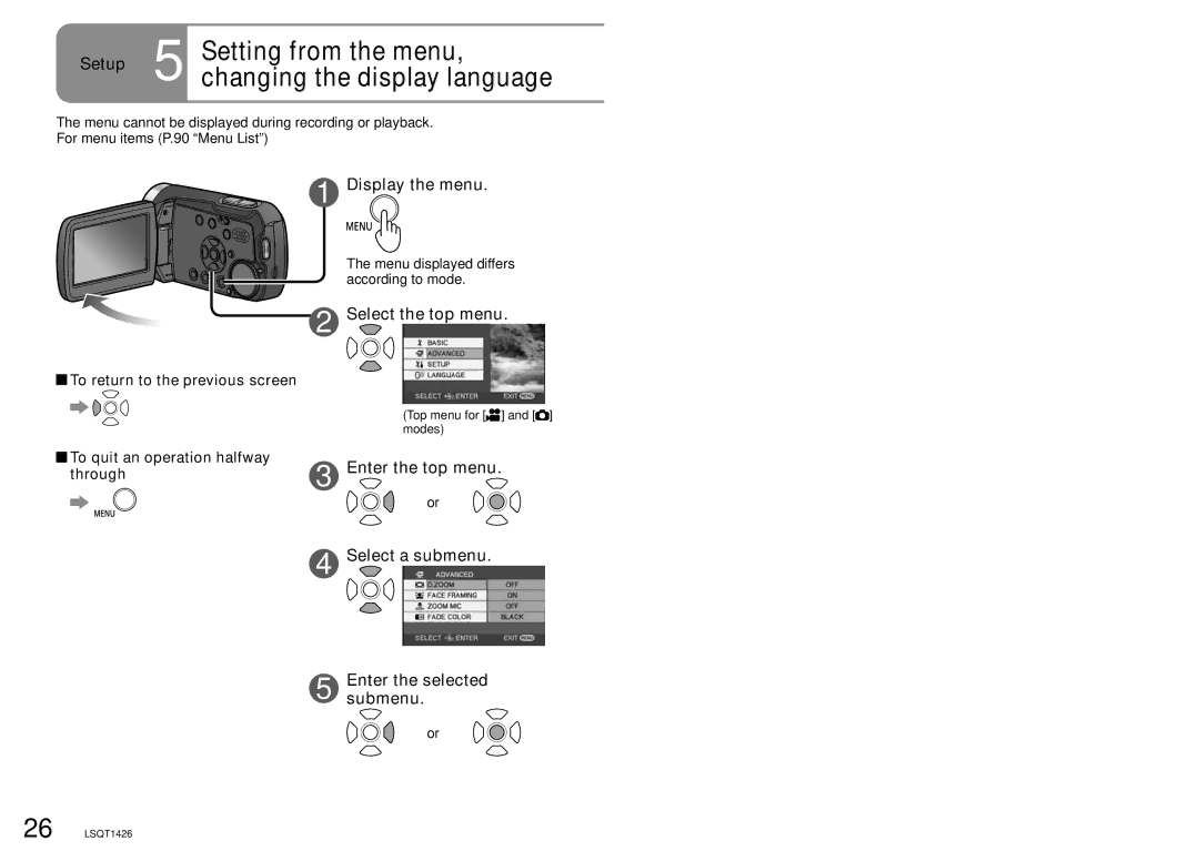 Panasonic SDR-S15PC operating instructions Display the menu, Select the top menu, To return to the previous screen 