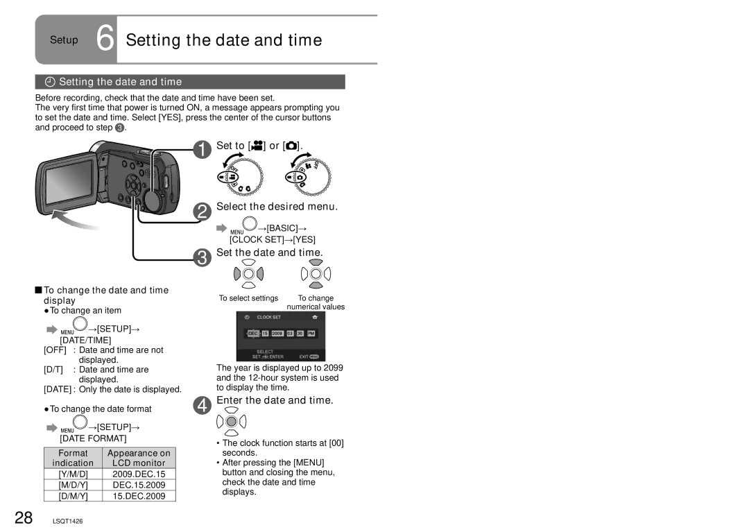 Panasonic SDR-S15PC operating instructions Setup 6 Setting the date and time, Set to or Select the desired menu 