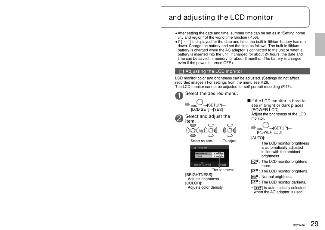 Panasonic SDR-S15PC operating instructions Adjusting the LCD monitor, Selectitem. and adjust, Color, →SETUP→ Power LCD Auto 