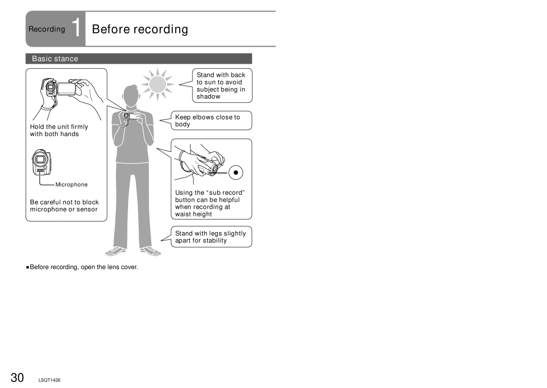 Panasonic SDR-S15P Recording 1 Before recording, Basic stance, Stand with back to sun to avoid subject being in shadow 