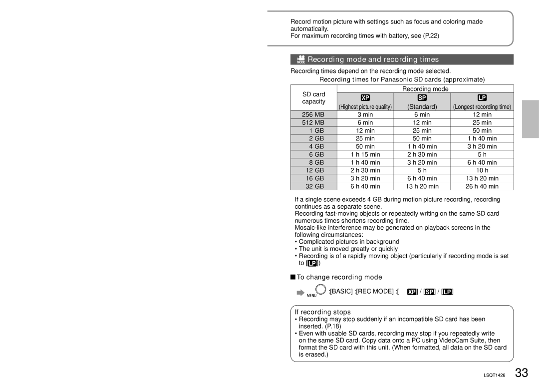 Panasonic SDR-S15PC operating instructions Recording mode and recording times, To change recording mode, If recording stops 