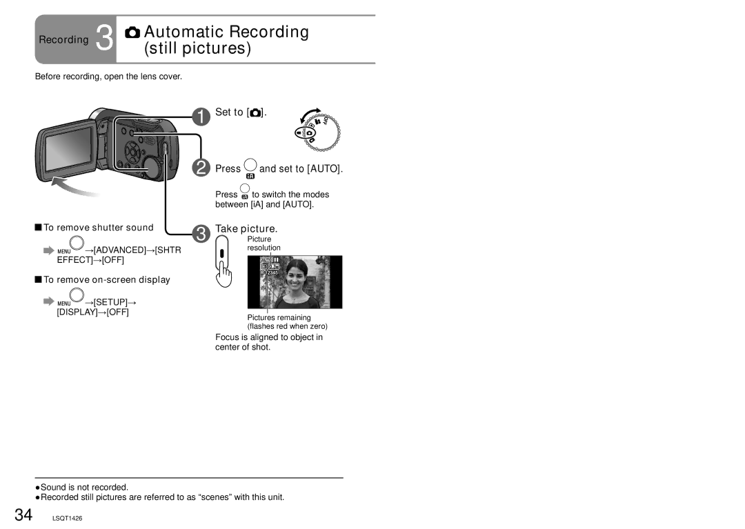 Panasonic SDR-S15PC Recording 3 Automatic Recording still pictures, Set to Auto, To remove shutter sound 