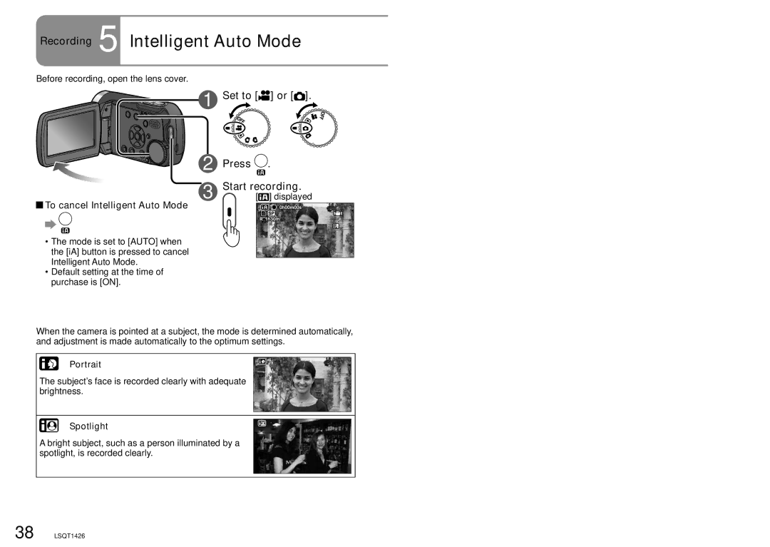 Panasonic SDR-S15P Recording 5 Intelligent Auto Mode, Set to or Press Start recording, To cancel Intelligent Auto Mode 