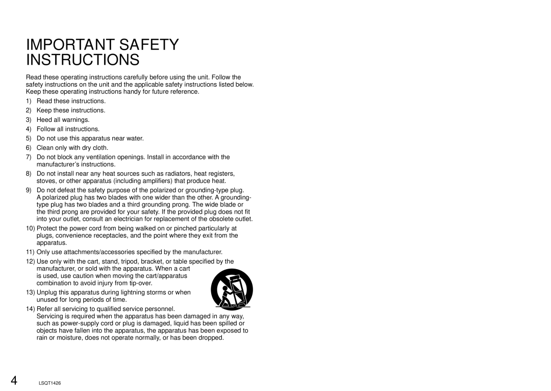 Panasonic SDR-S15PC operating instructions Important Safety Instructions 