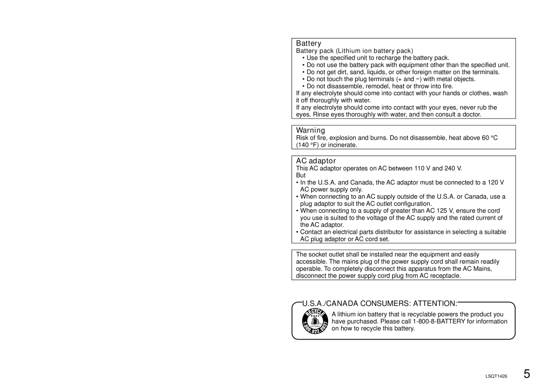 Panasonic SDR-S15PC operating instructions AC adaptor, Battery pack Lithium ion battery pack 