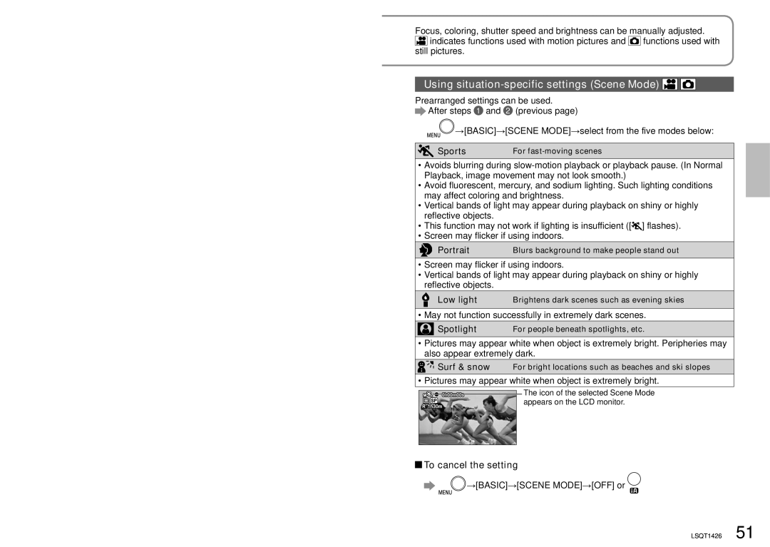 Panasonic SDR-S15PC operating instructions Using situation-specific settings Scene Mode, To cancel the setting, Sports 