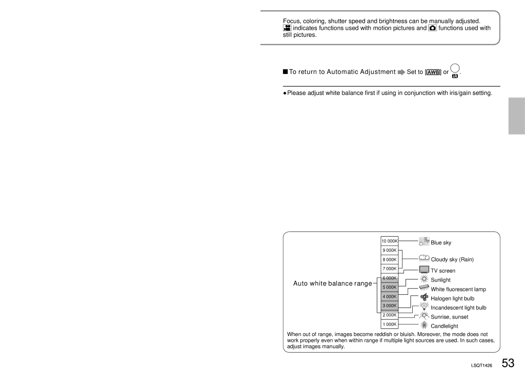 Panasonic SDR-S15PC operating instructions To return to Automatic Adjustment, Auto white balance range 