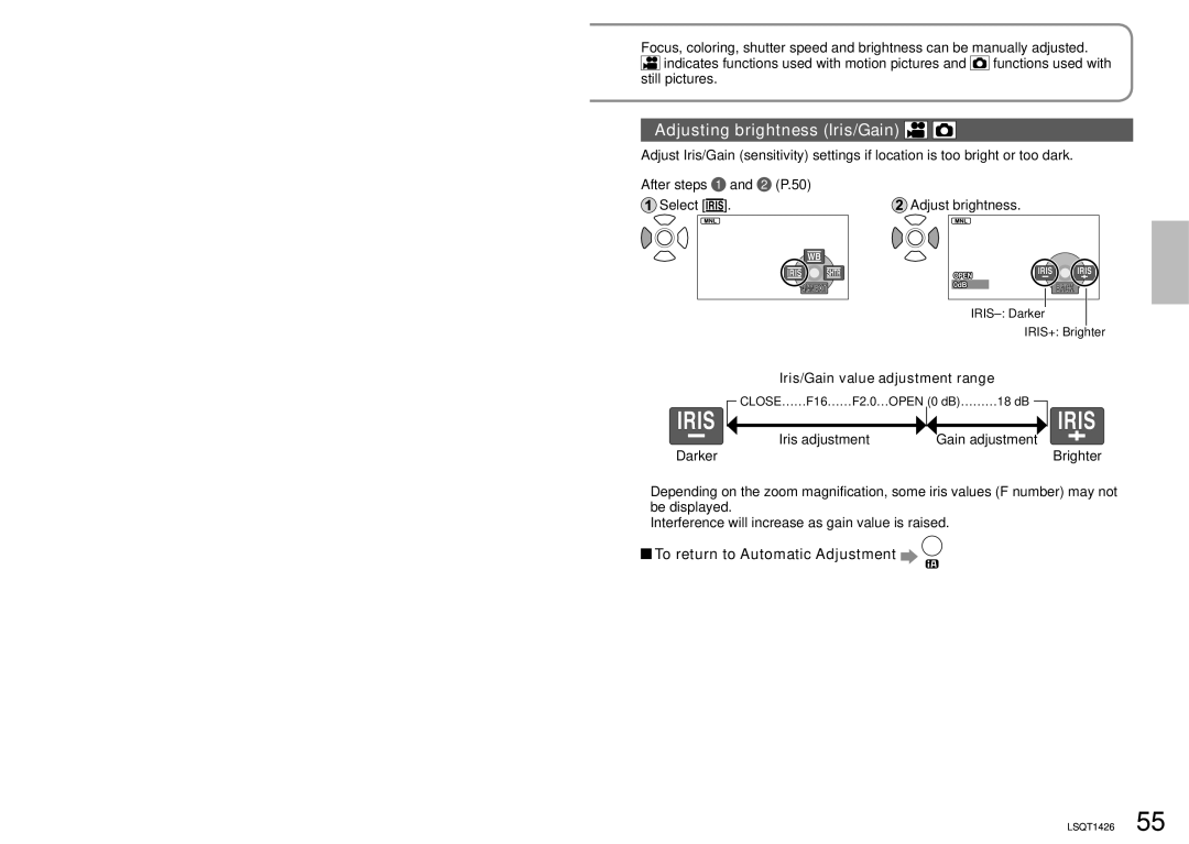 Panasonic SDR-S15PC Adjusting shutter speed Shutter speed, Adjust shutter speed, Shutter speed adjustment range 