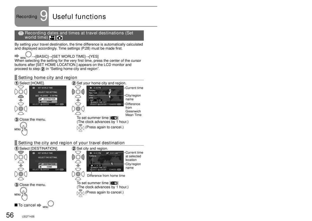 Panasonic SDR-S15P Recording 9 Useful functions, Setting home city and region, To cancel, →BASIC→SET World TIME→YES 