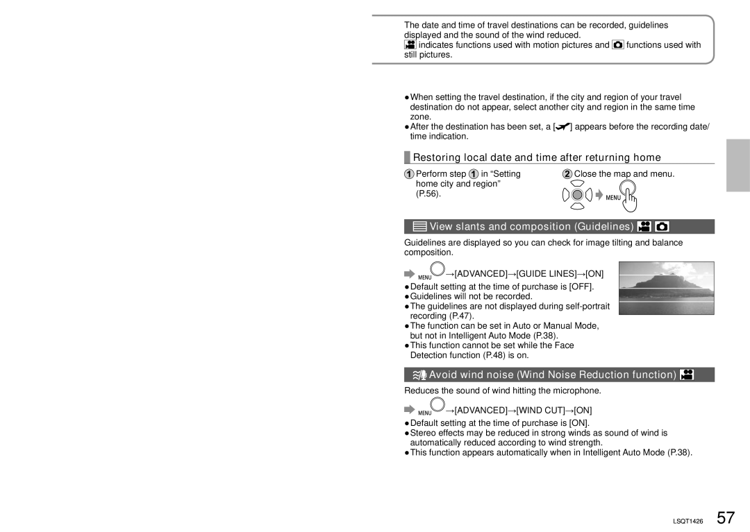 Panasonic SDR-S15PC Restoring local date and time after returning home, Avoid wind noise Wind Noise Reduction function 