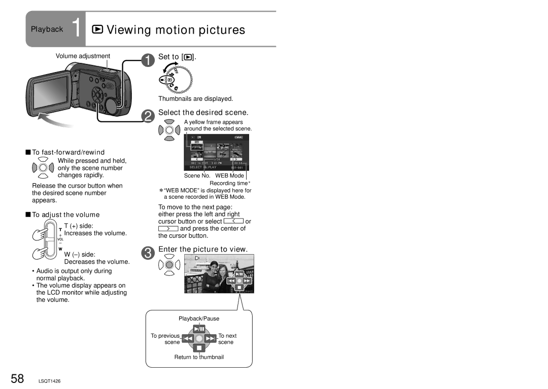 Panasonic SDR-S15PC Playback 1 Viewing motion pictures, Select the desired scene, Enter the picture to view 