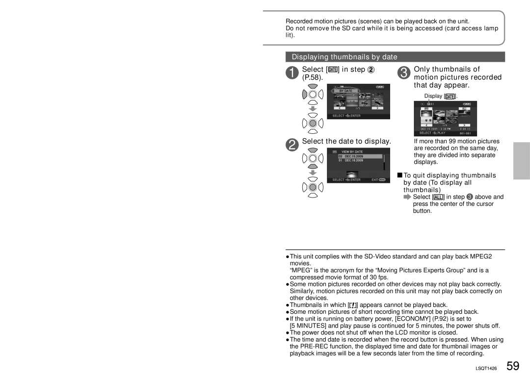 Panasonic SDR-S15PC operating instructions Displaying thumbnails by date, Select the date to display 