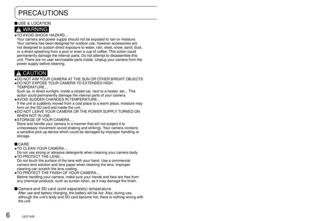 Panasonic SDR-S15PC operating instructions Precautions, Camera and SD card sold separately temperature 