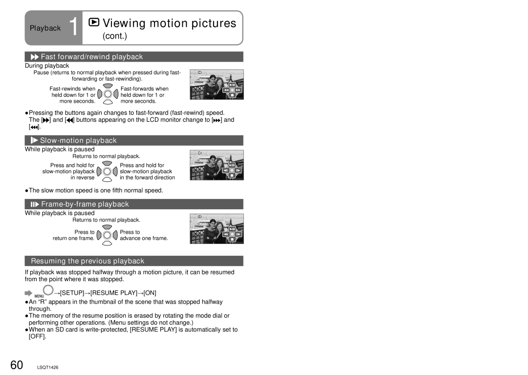 Panasonic SDR-S15PC Playback, Fast forward/rewind playback, Slow-motion playback, Frame-by-frame playback 