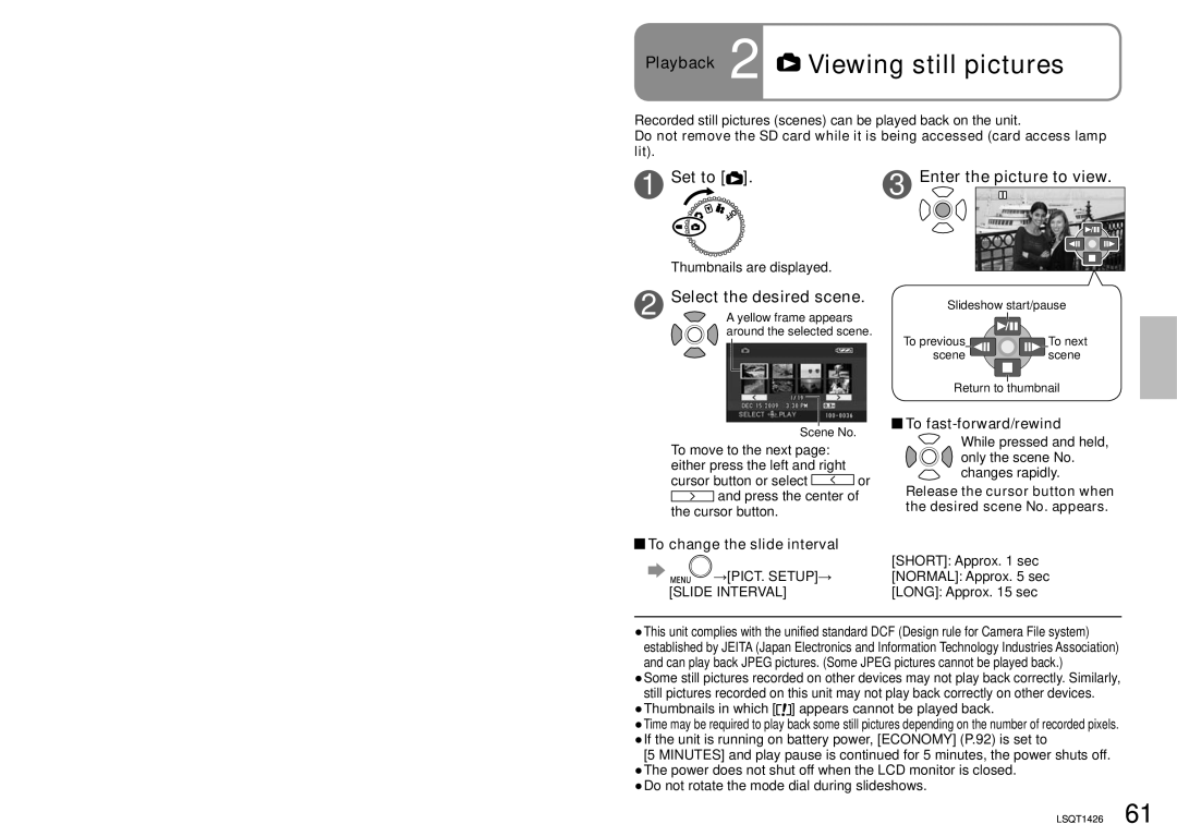 Panasonic SDR-S15PC Playback 2 Viewing still pictures, Set to Enter the picture to view, To change the slide interval 