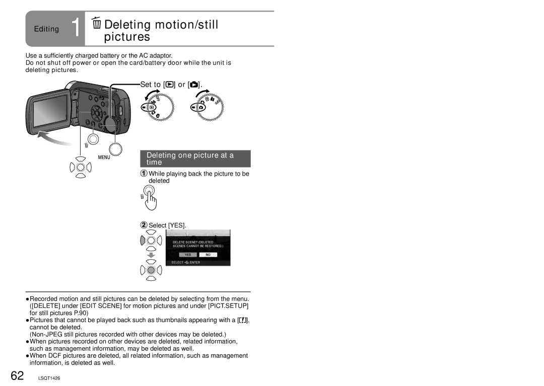 Panasonic SDR-S15PC Editing 1 Deletingpictures motion/still, Set to or, Deleting one picture at a time 