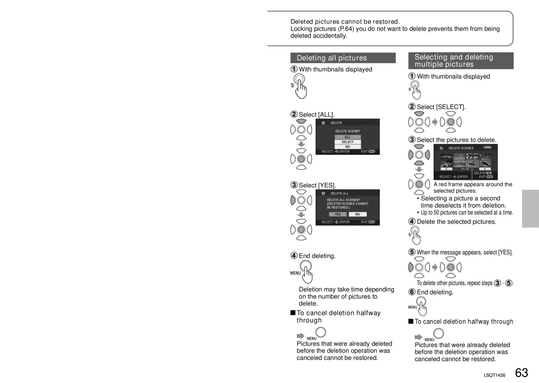 Panasonic SDR-S15PC Deleting all pictures, Selecting and deleting multiple pictures, To cancel deletion halfway through 