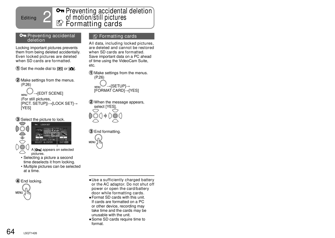 Panasonic SDR-S15PC Preventing accidental deletion, Formatting cards, →EDIT Scene, Pict. Setup→Lock Set→ Yes 