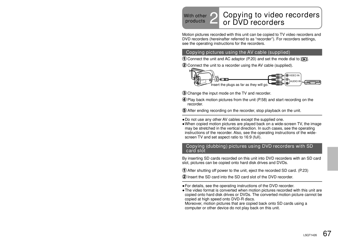 Panasonic SDR-S15PC Copying to video recorders, Or DVD recorders, With other, Copying pictures using the AV cable supplied 