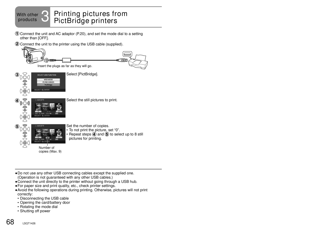 Panasonic SDR-S15PC operating instructions Printing pictures from, PictBridge printers 