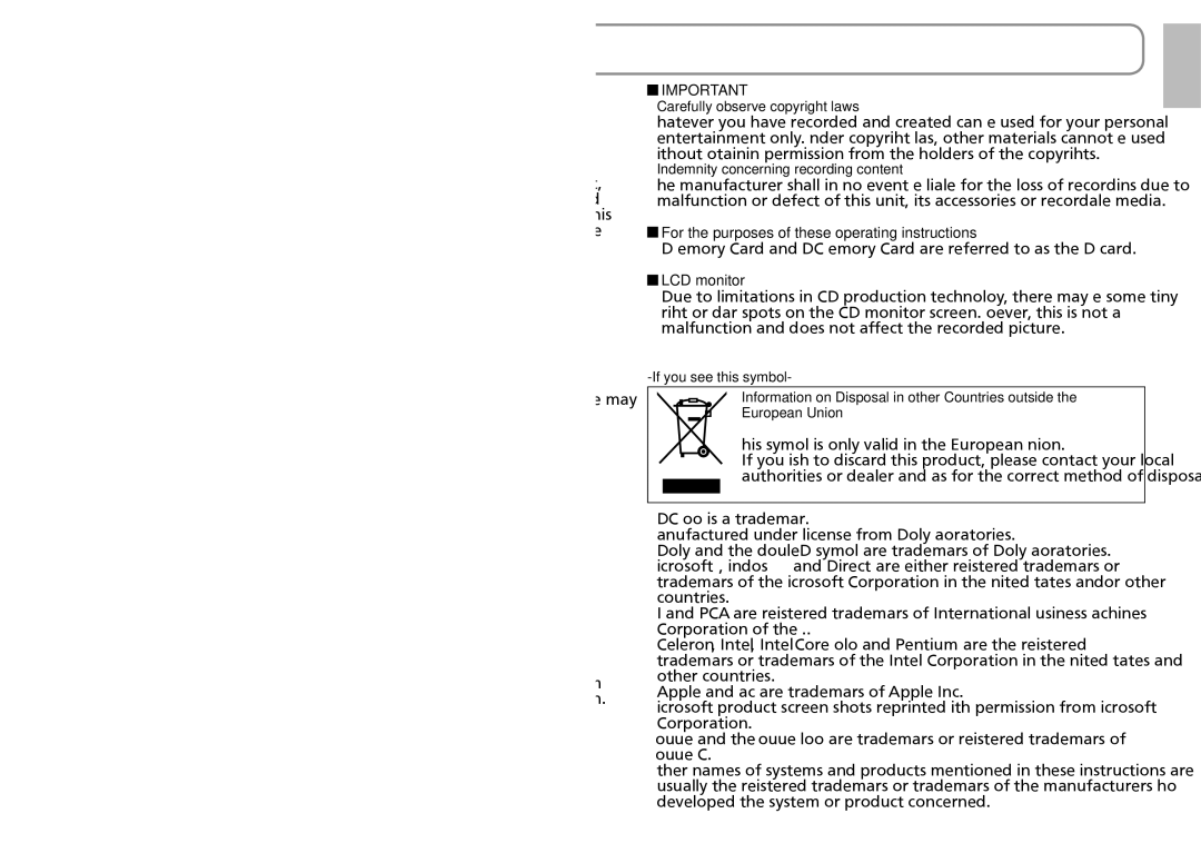 Panasonic SDR-S15PC For the purposes of these operating instructions, LCD monitor, Carefully observe copyright laws 