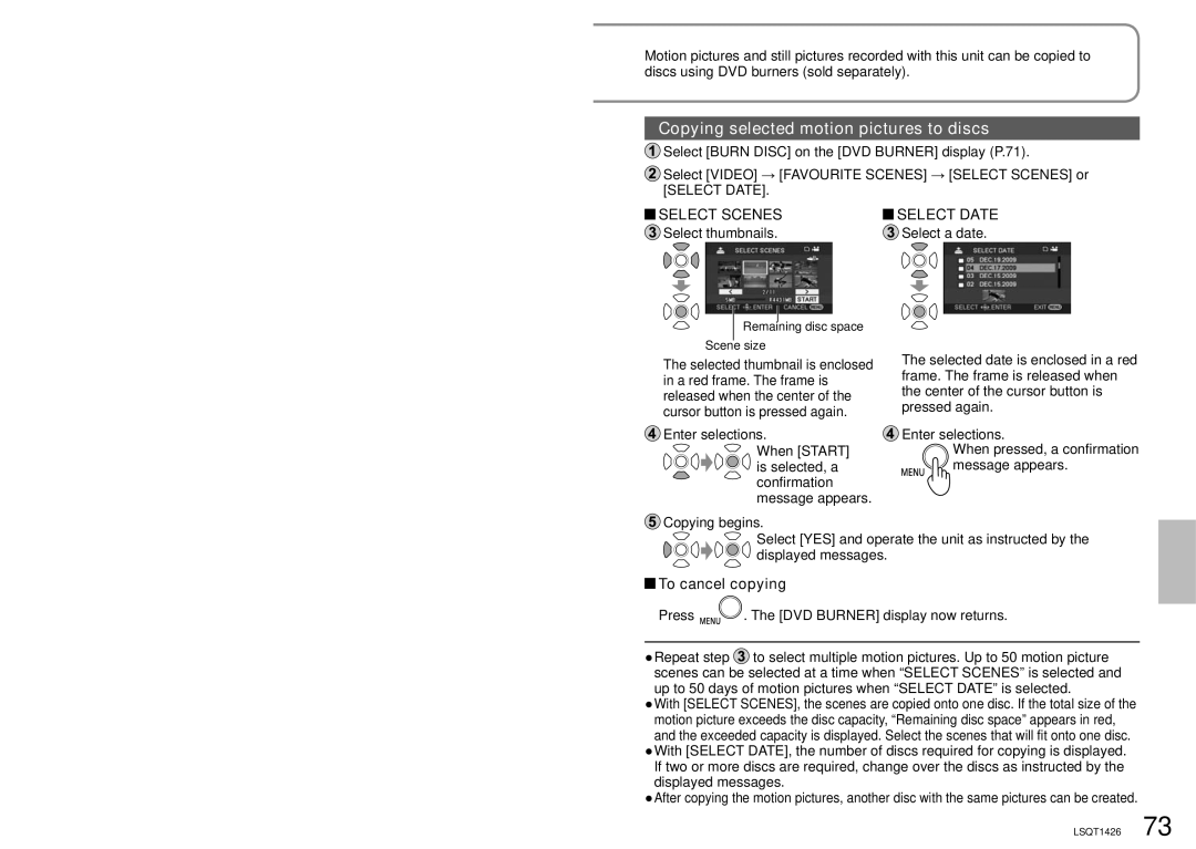 Panasonic SDR-S15PC operating instructions Copying selected motion pictures to discs, Select thumbnails Select a date 