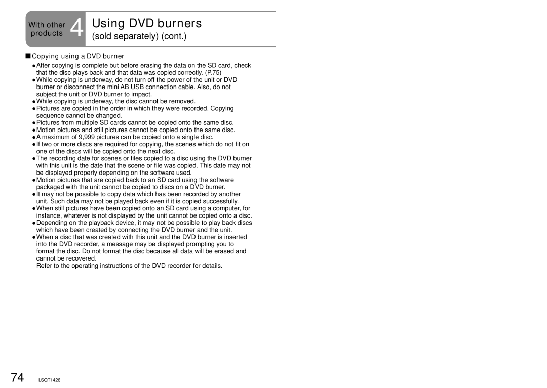 Panasonic SDR-S15PC operating instructions Copying using a DVD burner 